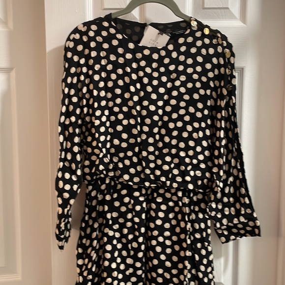 Zara polka dot 3/4 sleeves mini Fit Flare dress gold buttons down one arm  XS - Picture 3 of 12